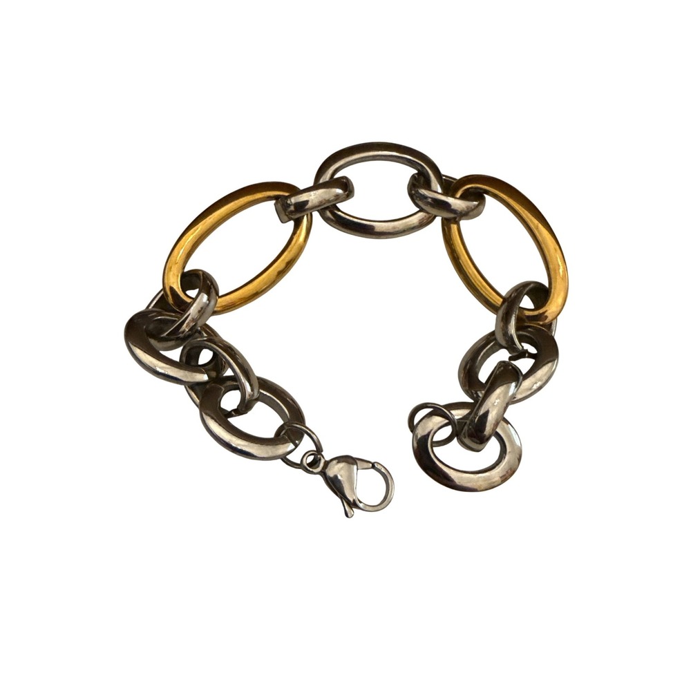 Mixed Metal‎ Link Bracelet Silver Gold Tone Oval Chain Modern Minimalist 7.5" - Picture 5 of 10